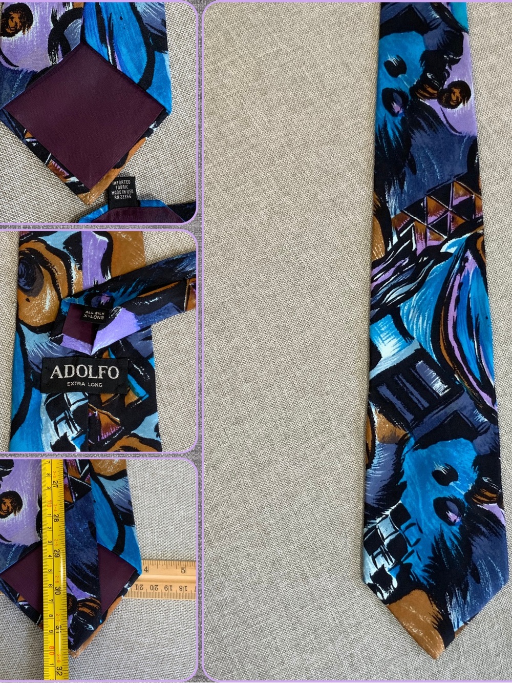 Adolfo Extra Long Abstract Silk Tie Blue Purple